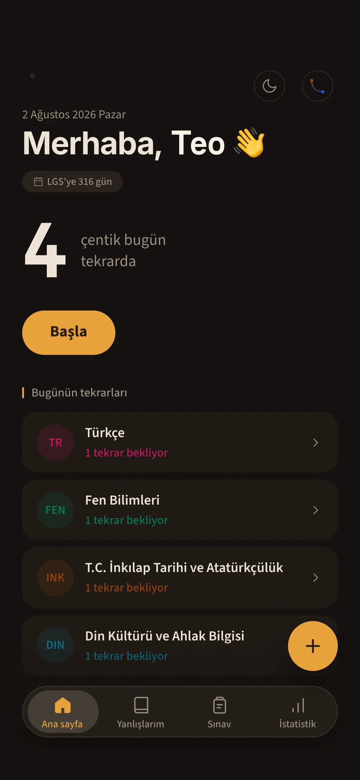 Chentik ana ekranı: bugün tekrarı gelen derslerin listesi ve kalan gün sayacı