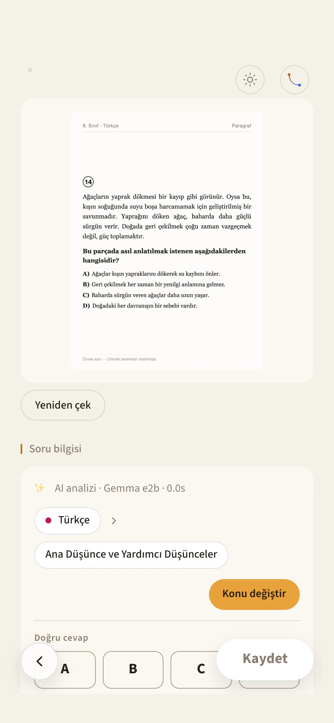 Kayıt formu: ders Türkçe, konu Ana Düşünce ve Yardımcı Düşünceler olarak belirlenmiş