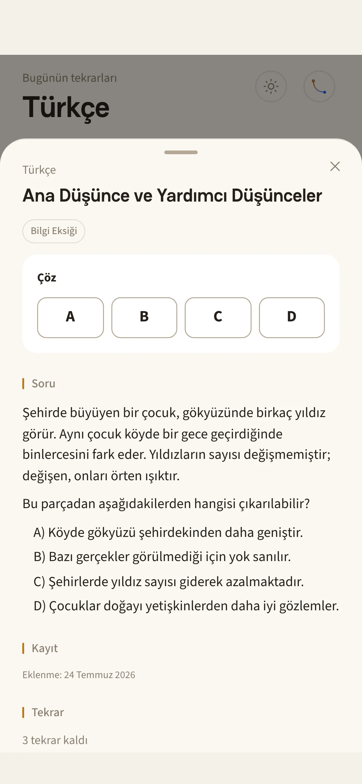 Tekrar kartı: sırası gelen paragraf sorusu, üstünde Türkçe etiketi
